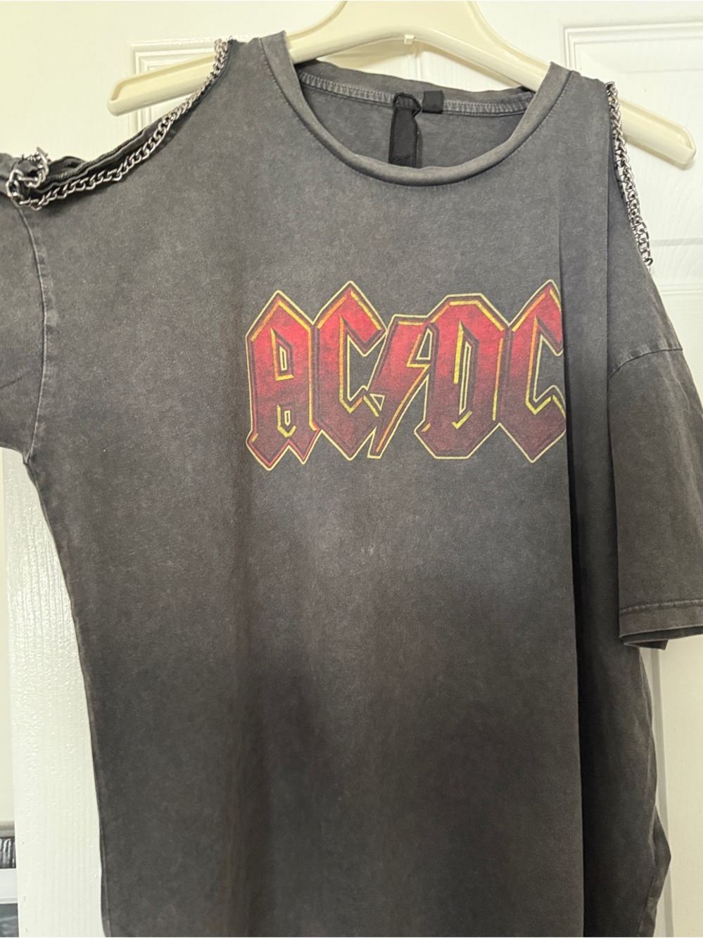 Topshop Black-Gray AC/DC Graphic Tee with Shoulder Chain